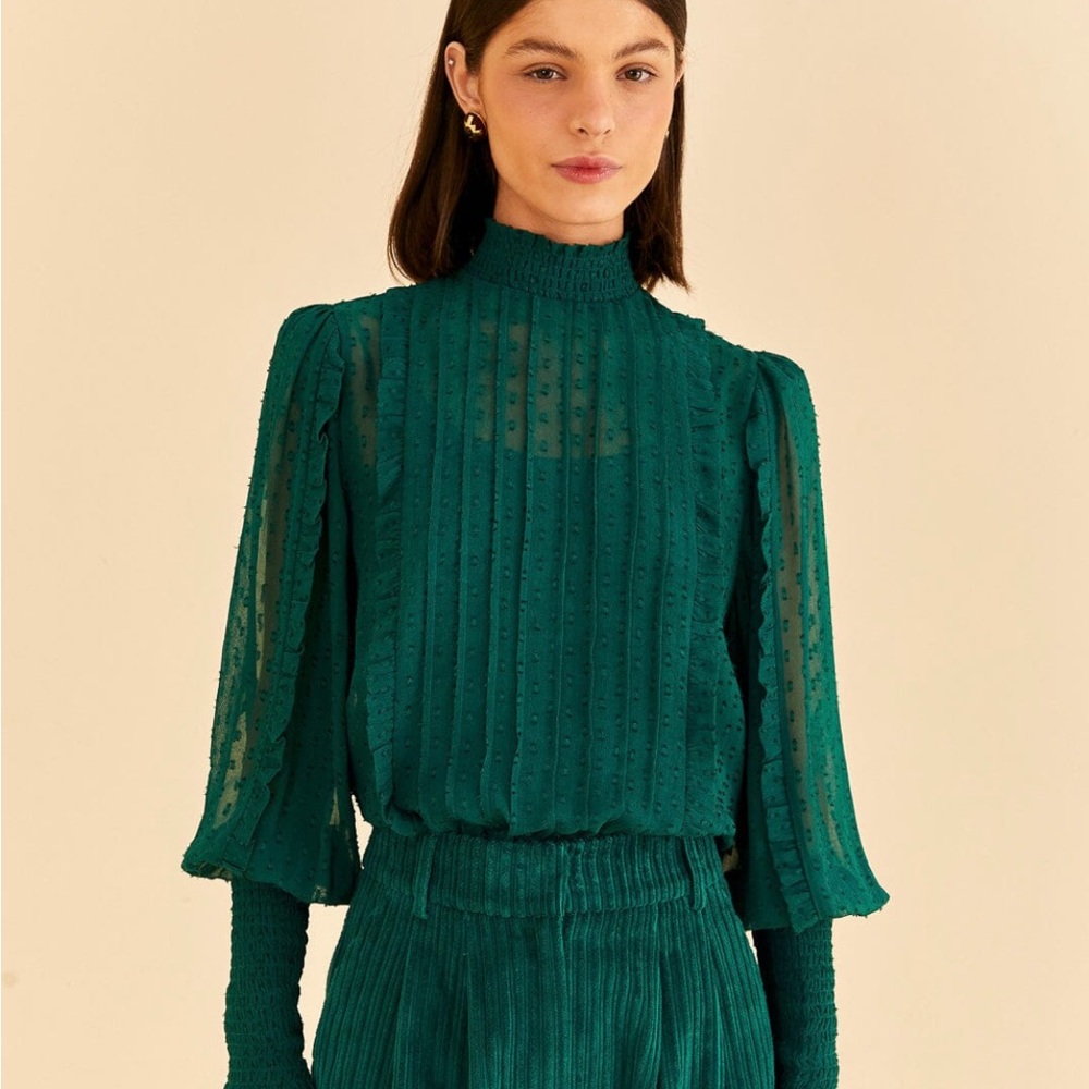 FARM Rio Emerald Smocked High-Neck Pointelle Blouse